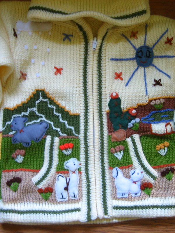 Artisanat péruvien : petit pull de laine brodé avec des motifs divers (montagnes, empiècements en forme d'animaux).